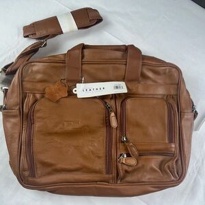 Sandrio By Mercury Luggage Leather Briefcase NWT Pinstripe Bowl Embossed Cognac